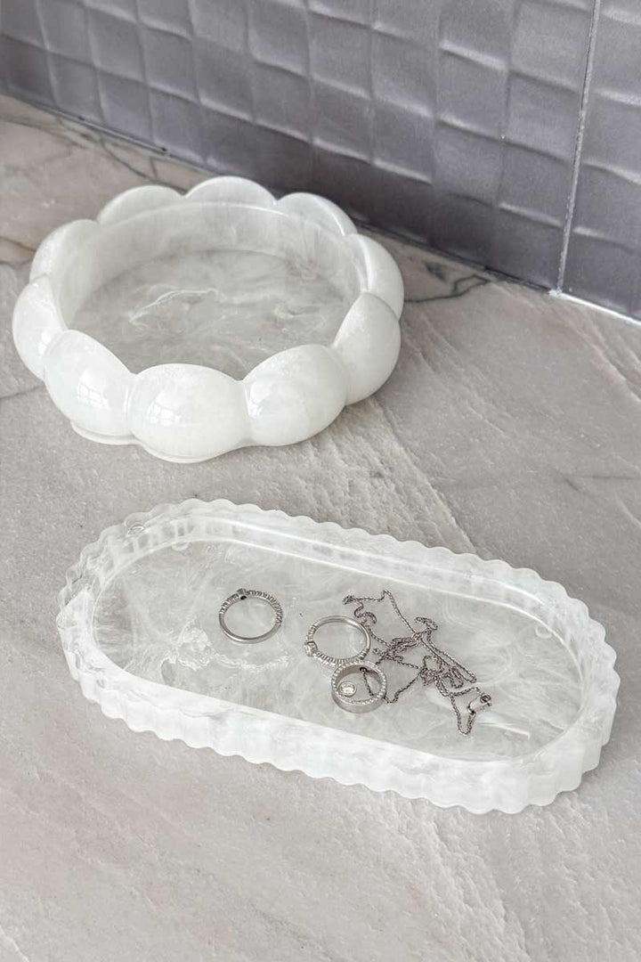 Petite Resin Quartz Oval Vanity Tray – 7” Scalloped Jewelry Catchall & Decorative Tray