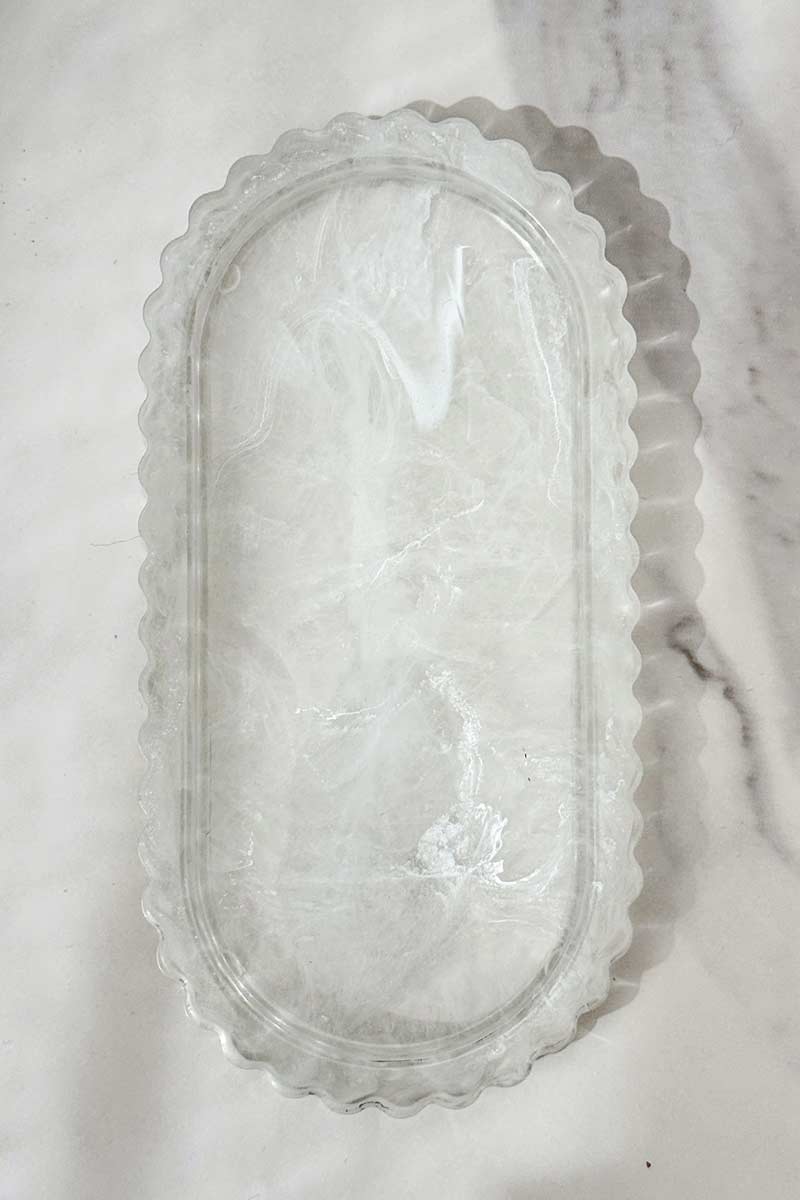 Petite Resin Quartz Oval Vanity Tray – 7” Scalloped Jewelry Catchall & Decorative Tray