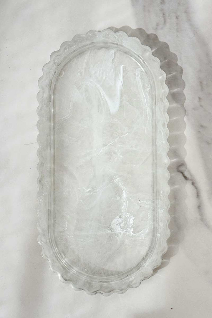 Petite Resin Quartz Oval Vanity Tray – 7” Scalloped Jewelry Catchall & Decorative Tray