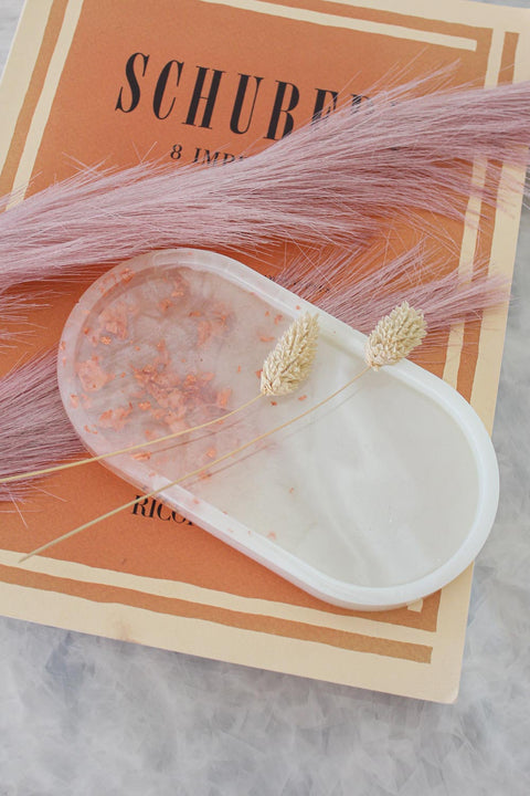 PRE-ORDER ONLY | Cloudy White & Rose Gold Foiled Vanity Tray with Clear Quartz