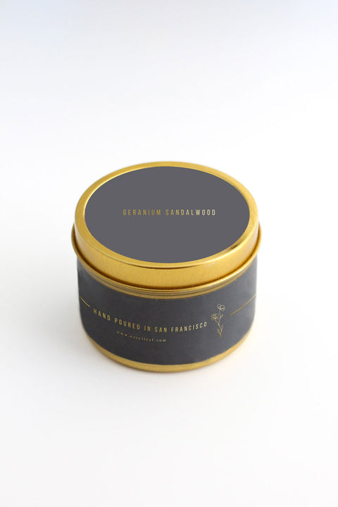 PRE-ORDER ONLY | Geranium & Sandalwood Gold Tin Candle