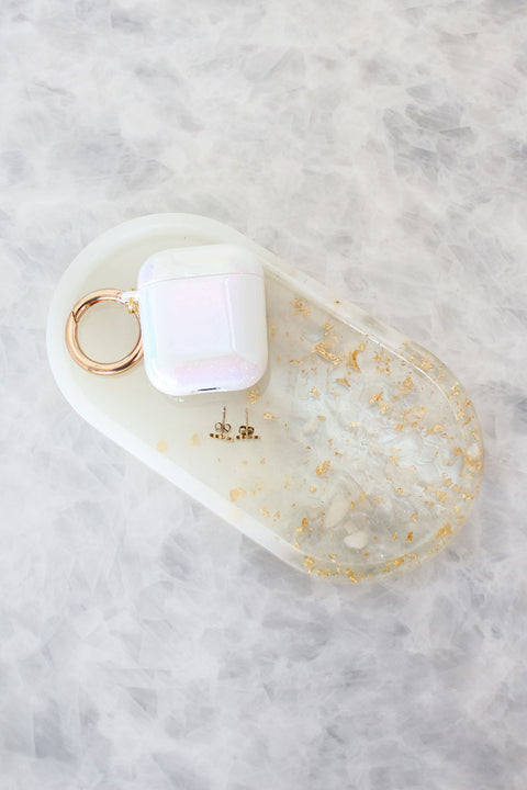 Cloudy White and Gold Foiled Vanity Tray with Clear Quartz